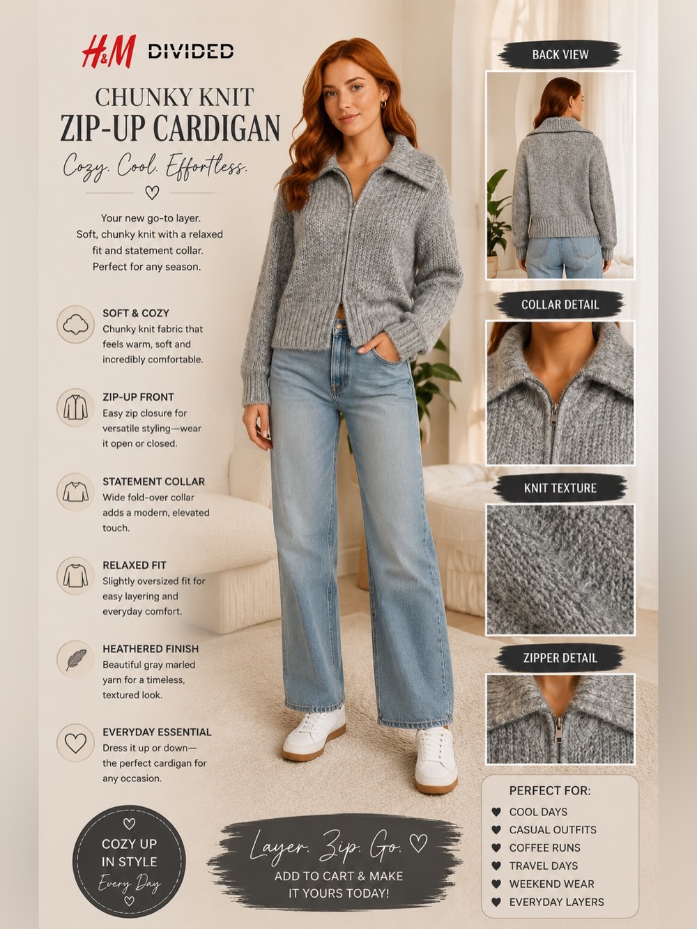 H&M Divided Chunky Knit Zip-Up Cardigan Sweater Gray Size Medium